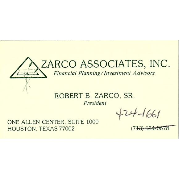 None and/or Unknown Other - Zarco Associates Robert B. Zarco SR Houston Texas Vintage Business Card SF3-B4